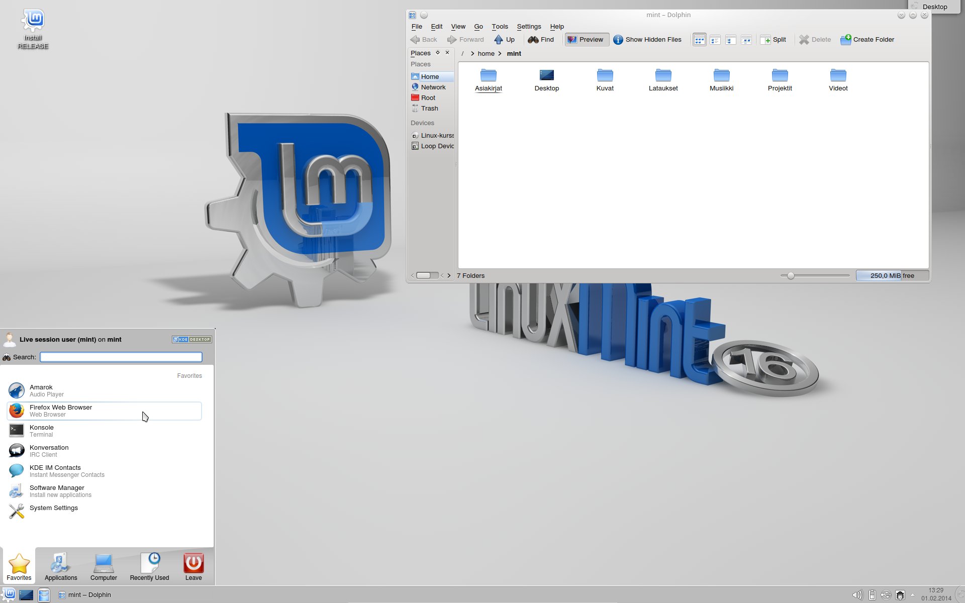 galleryimage:Linux Mint 16KDE-työpöydällä.