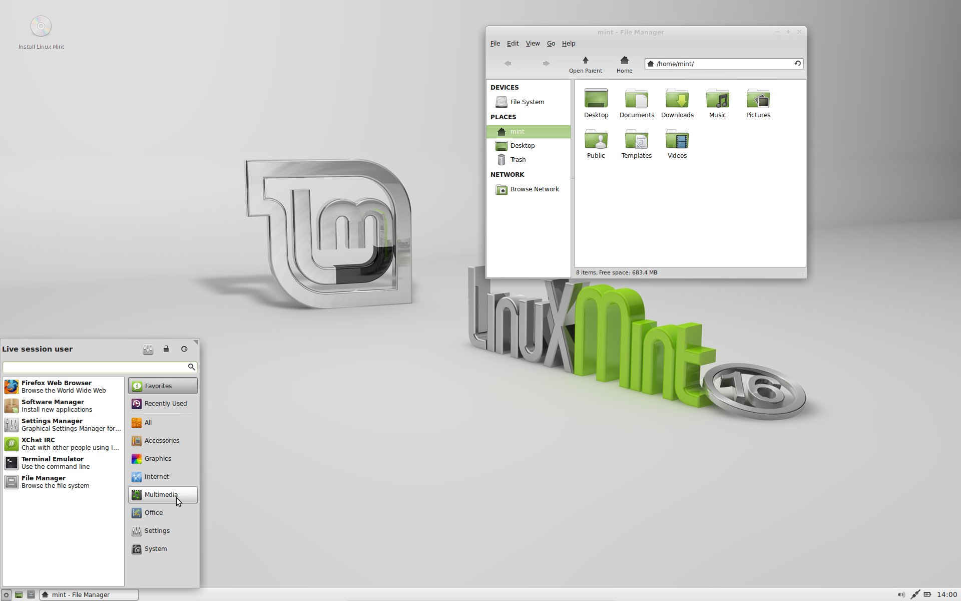 galleryimage:Linux Mint 16Xfce-työpöydällä.