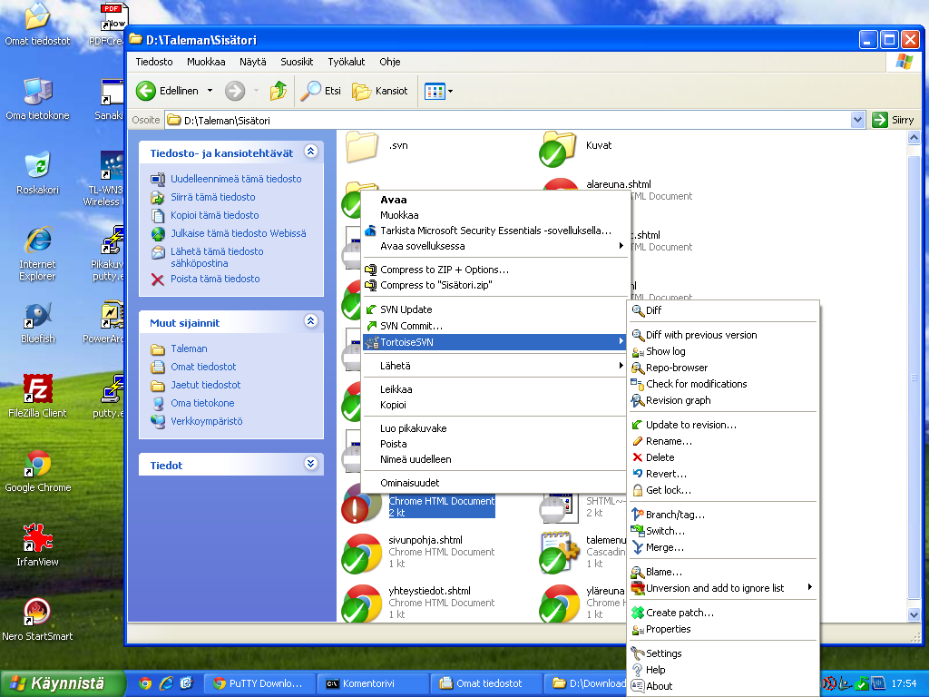 galleryimage:TortoiseSVN Windows XP:ssä. Hiiren oikeallapainikkeella saa toiminnotnäkyviin.