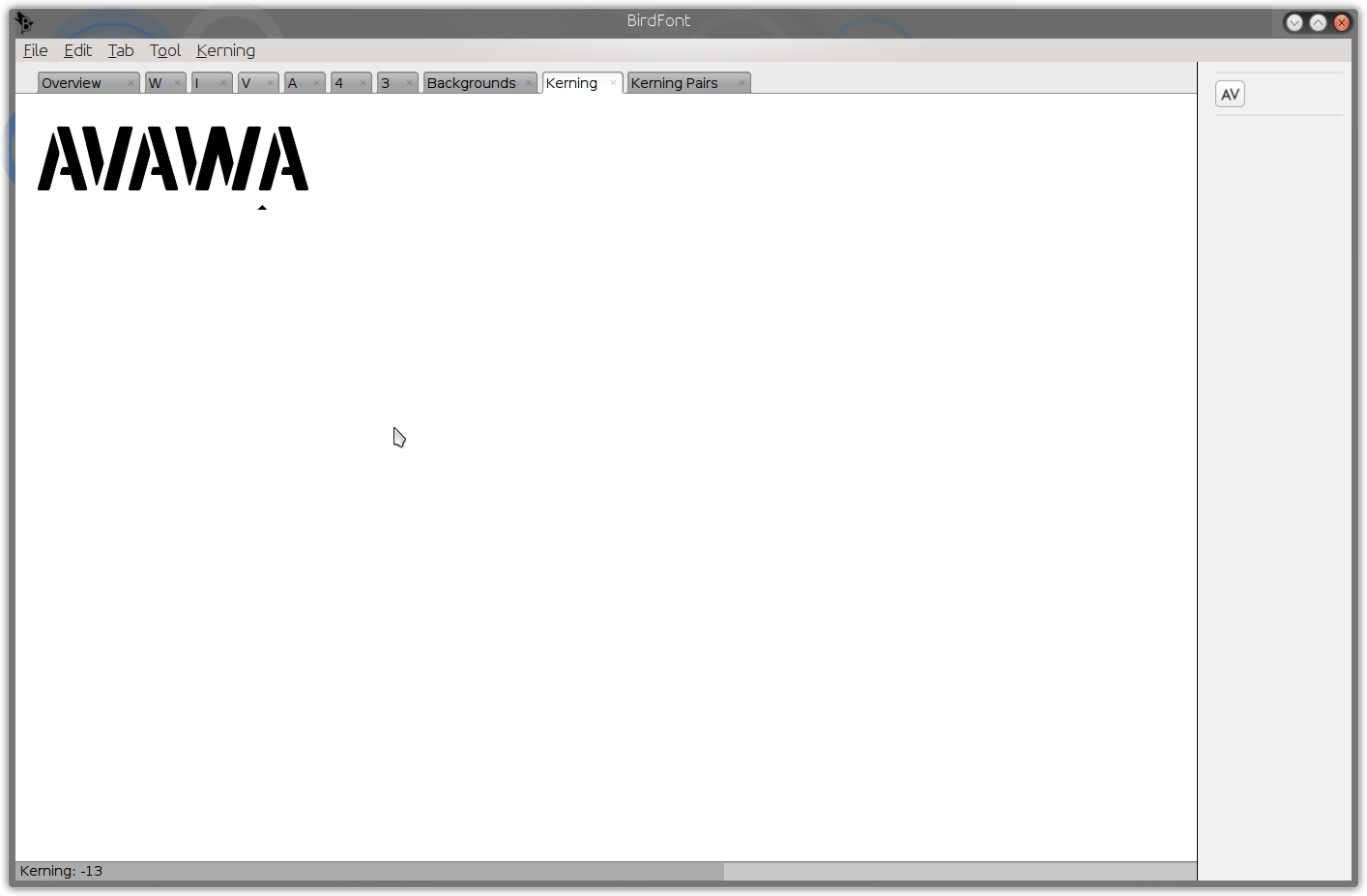 galleryimage:Kirjasimen kerning-asetukset. Kuvassa A- ja V- merkitsekä A- ja W-merkit menevät hiemanlimittäin.