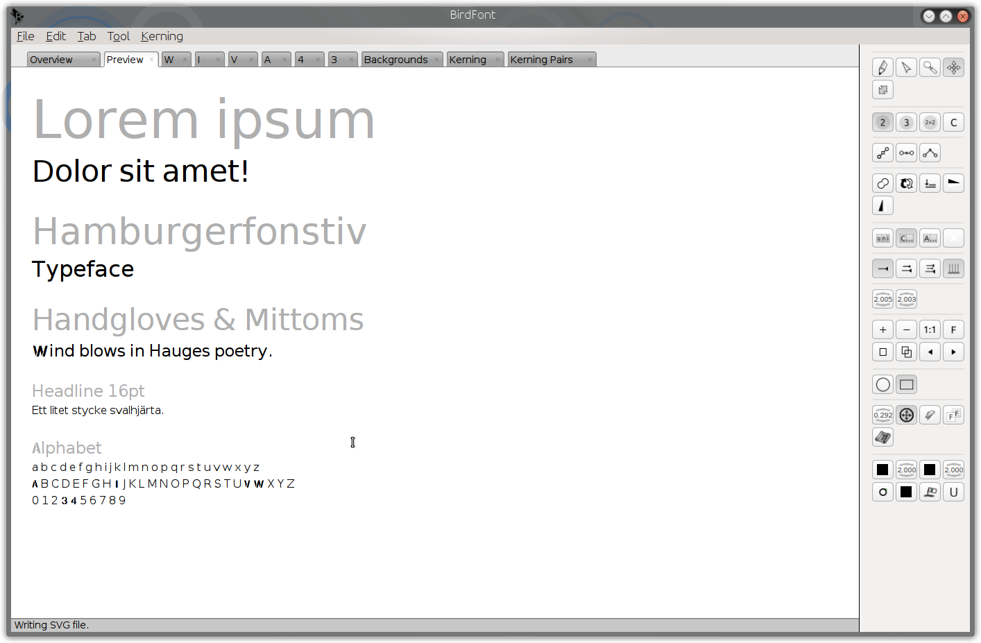 galleryimage:Esikatselutila on html-sivu, joka tallennetaan samaanhakemistoon tallennetun fonttiprojektin kanssa. Tiedostoa voimuokata tekstieditorilla sisältämään sopivampaatekstiä.