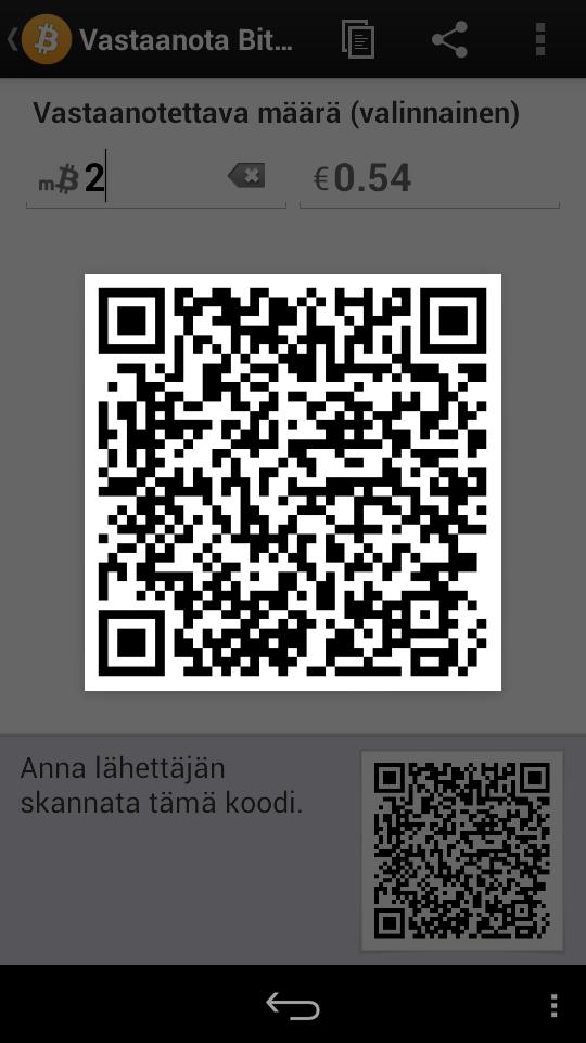 galleryimage:Ohjelma luo QR-koodin, jolla voi lähettää senhallinnoimaan osoitteeseen ennalta määrätyn summanbitcoineja.