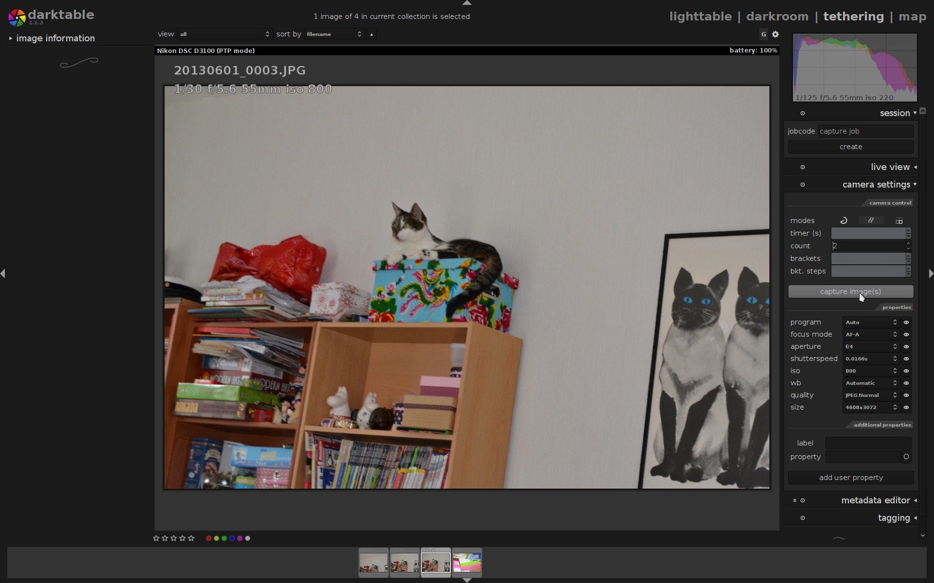galleryimage:Ohjelman tethering-tila, jossa tietokoneeseenliitettyä digikameraa voidaan ohjata tietokoneelta käsin. Osakameroista tukee myös live-kuvan näyttämistäDarktablessa.
