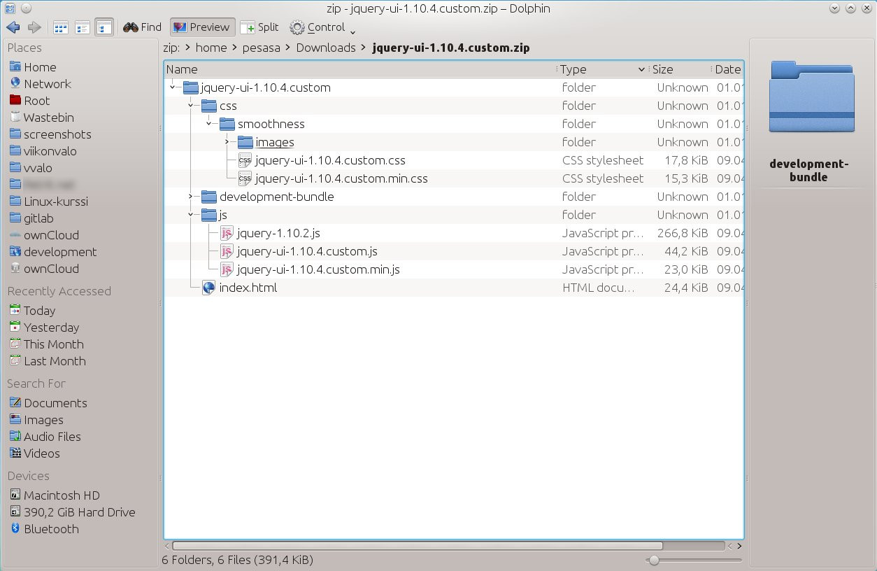 galleryimage:Zip-paketin sisällön selaaminen suoraanDolphinilla.