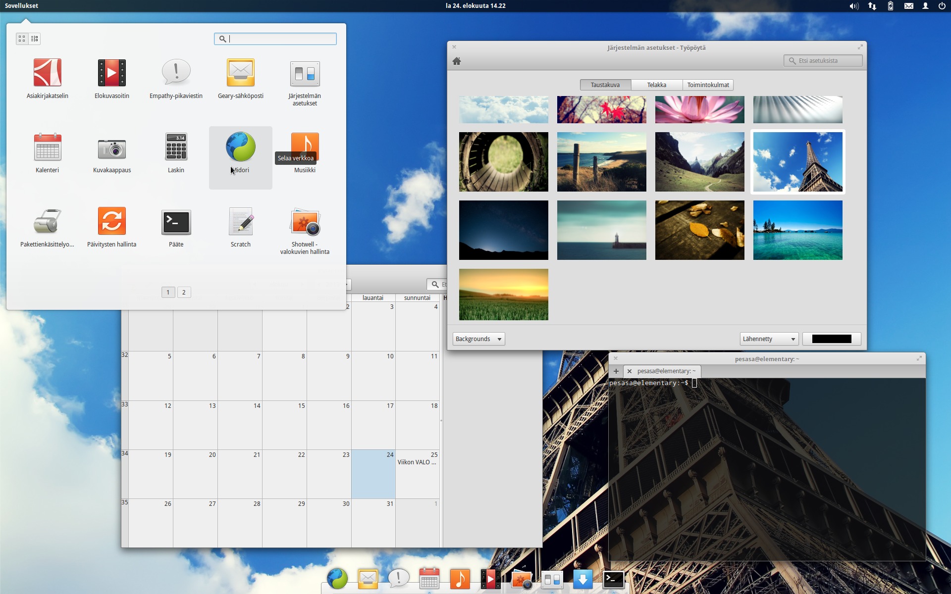 galleryimage:ElementaryOS:n sovellusvalikko (Slingshot), kalenteri(Maya), pääteohjelma (Pantheon Terminal) sekä asetusikkuna(Switchboard).