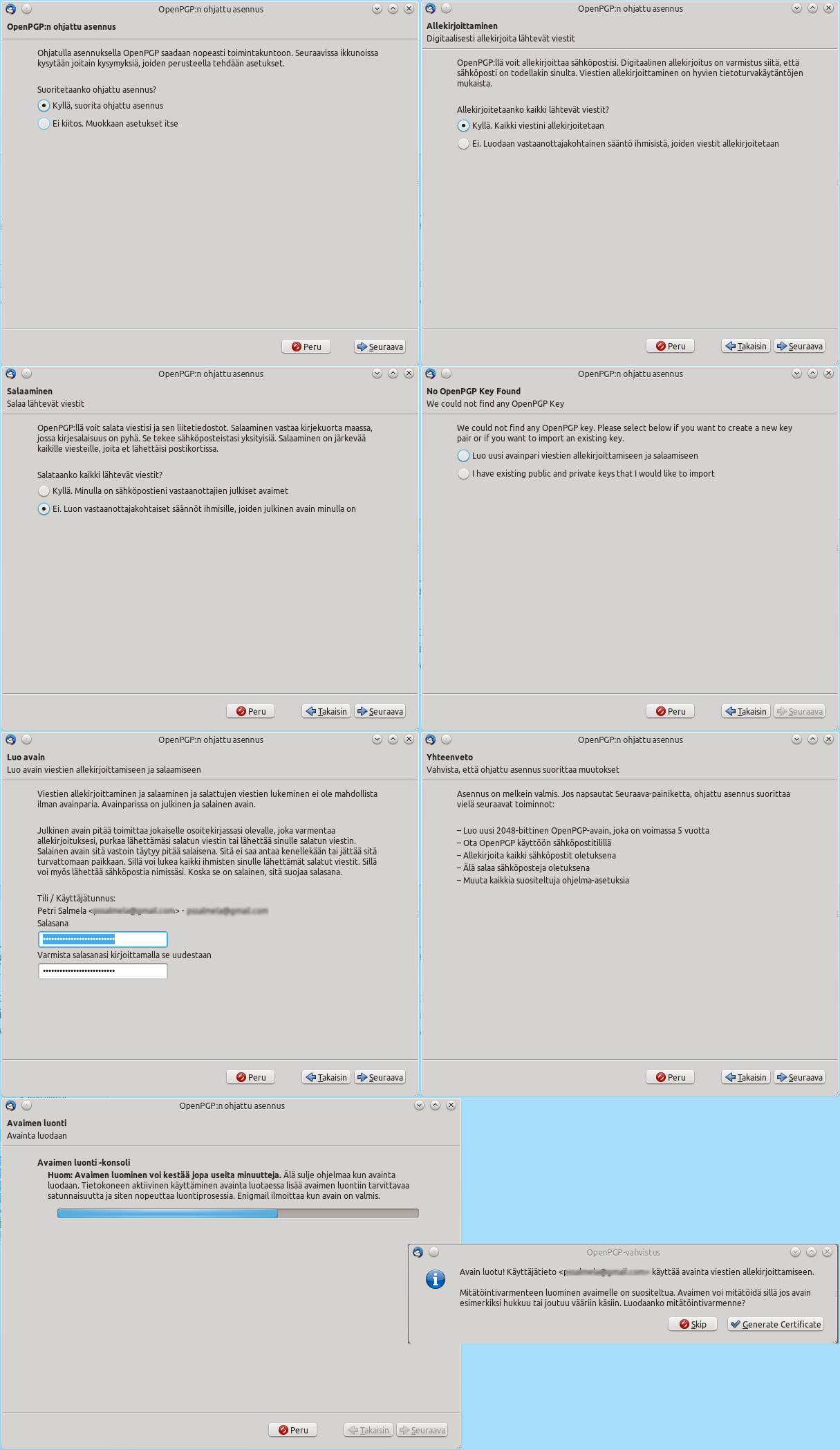 galleryimage:Enigmailin ohjattu asennus OpenPGP-avainten jaasetustenluomiseen.