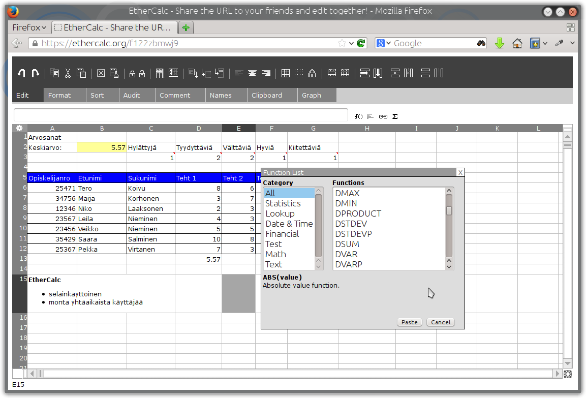 galleryimage:EtherCalc tukee yleisimpiä taulukkolaskentaohjelmienfunktioita.