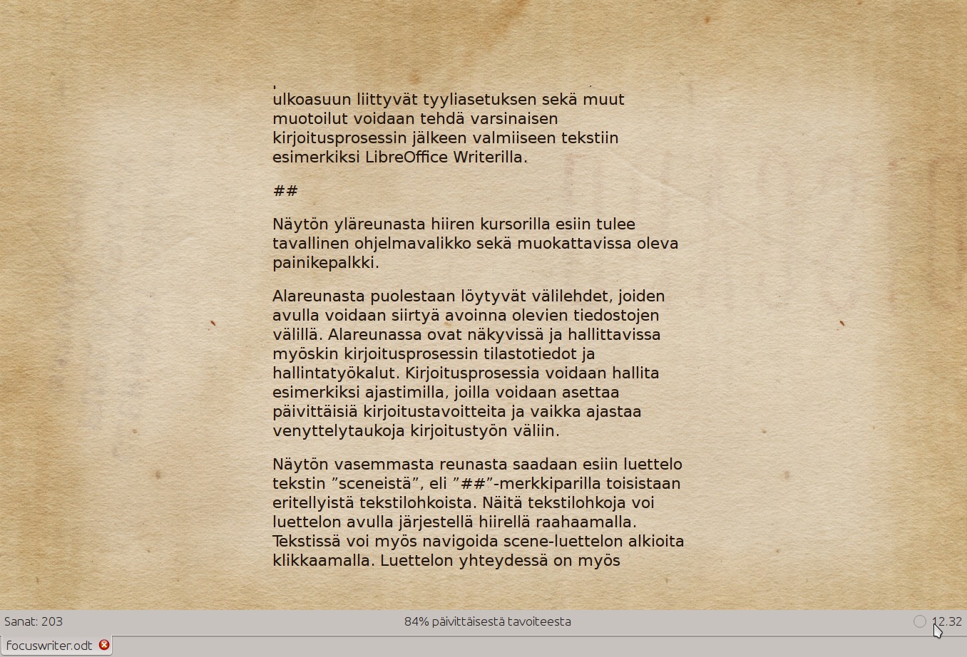 galleryimage:Alareunasta löytyvät välilehdet, ajastin, päiväntavoite sekä tilastotietoatekstistä.