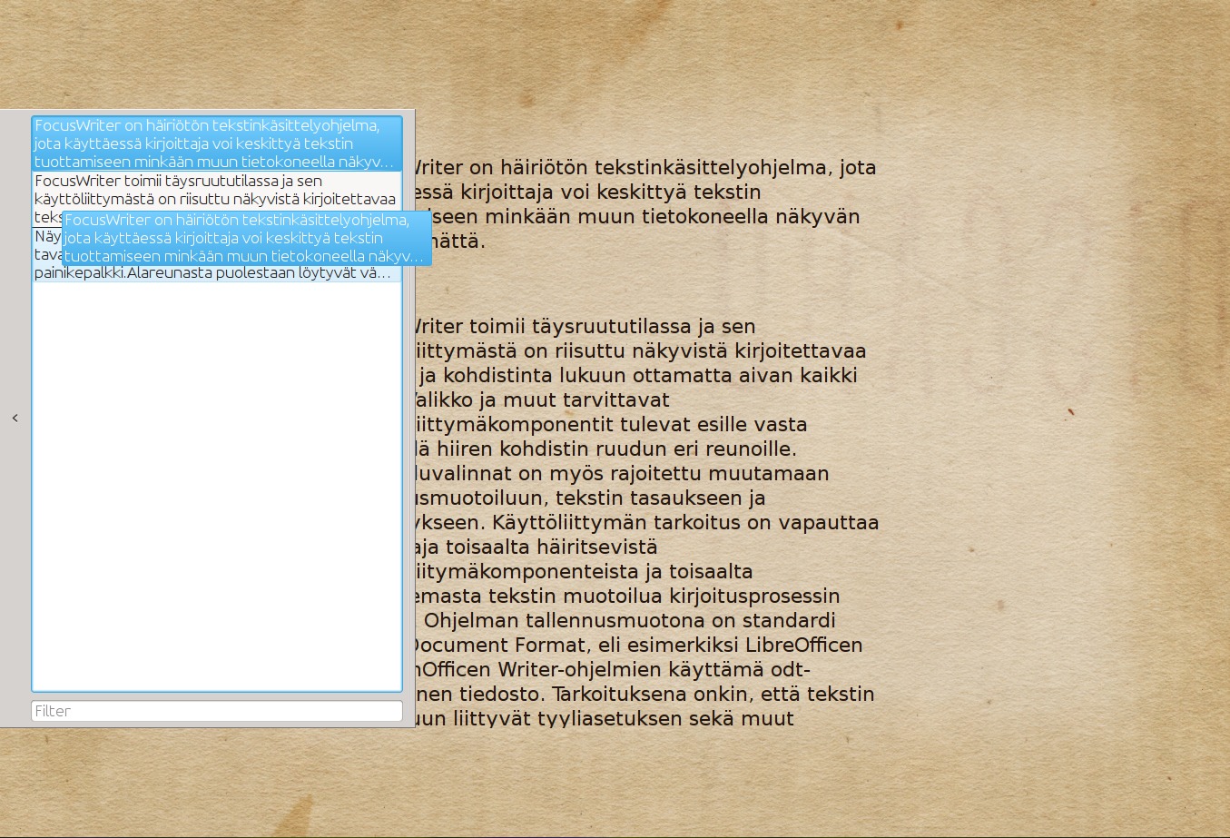 galleryimage:Vasemman reunan luettelolla voi navigoidatekstilohkojen välillä ja muutella niidenjärjestystä.