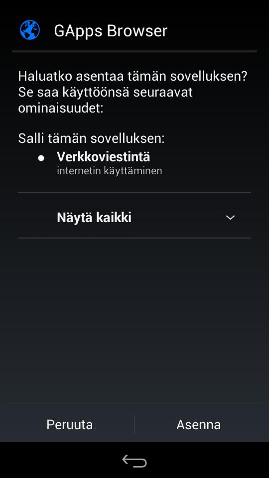 galleryimage:Sovellus vaatii oikeudet vain verkkoyhteydenkäyttöön.