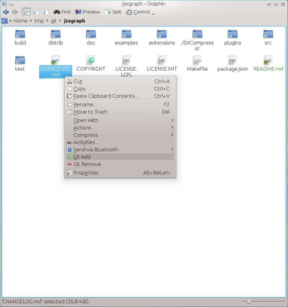 galleryimage:kdesdk-dolphin-plugins-paketti integroi Git-komentojaKDE:nDolphin-tiedostohallintaohjelmaan.