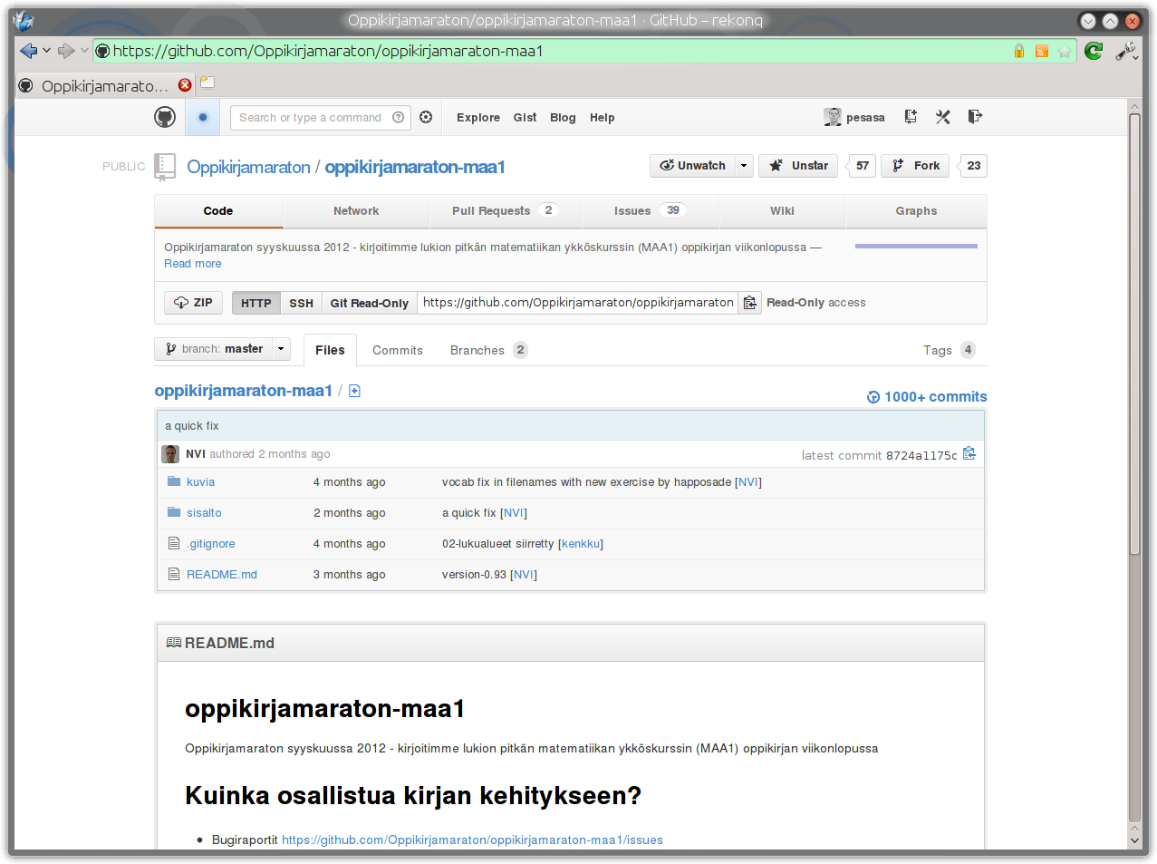 galleryimage:Oppikirjamaratonin Avoin matikka 1 -kirjanraakamateriaaliGitHubissa.
