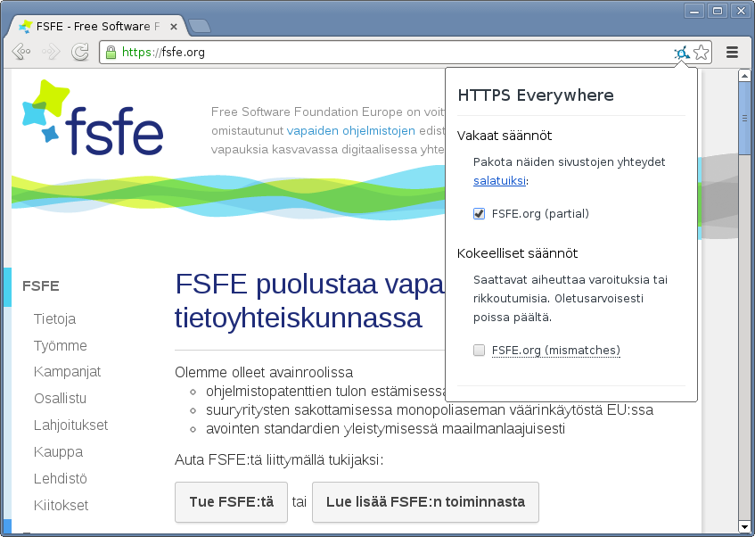 galleryimage:Chromessa HTTPS Everywheren toiminnot ovatrajalliset: lisäasetuksia tai SSL Observatorya eiole.