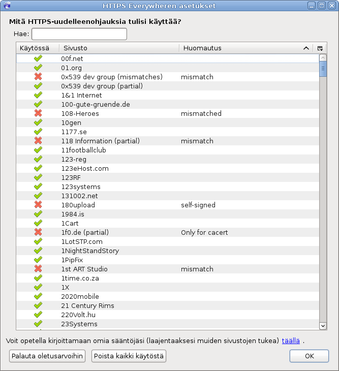 galleryimage:Lisäosan Firefox-versiossa sääntölistaa voidaantutkia jamuokata.