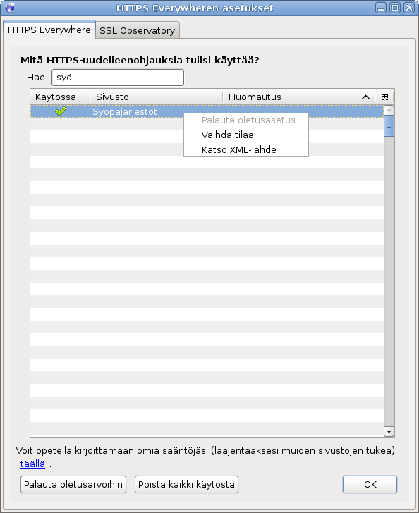 galleryimage:Oikealla napsautuksella on mahdollista tutkia säännönrakennetta.