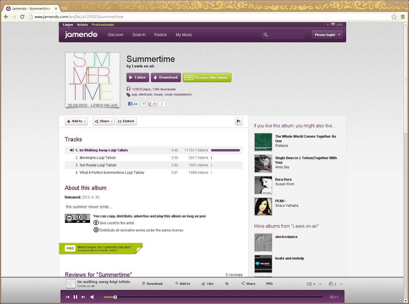 galleryimage:Albumien ja kappaleiden tiedoissa on mainittuCC-lisenssi, jolla musiikki onjulkaistu.
