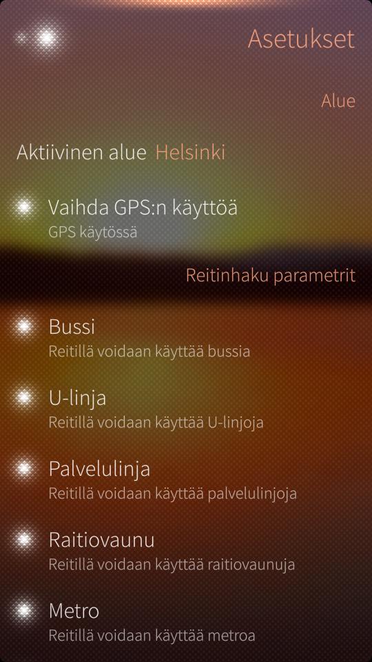 galleryimage:Ohjelman asetuksista voi valita käytettävätkulkuvälineet sekäkaupungin.