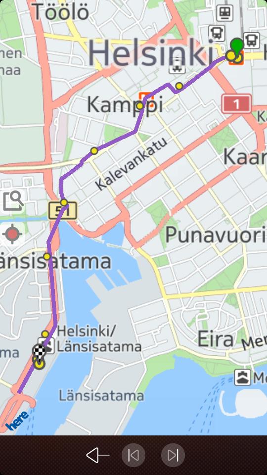 galleryimage:Reitti ja sen varrella olevat pysäkitkartalla