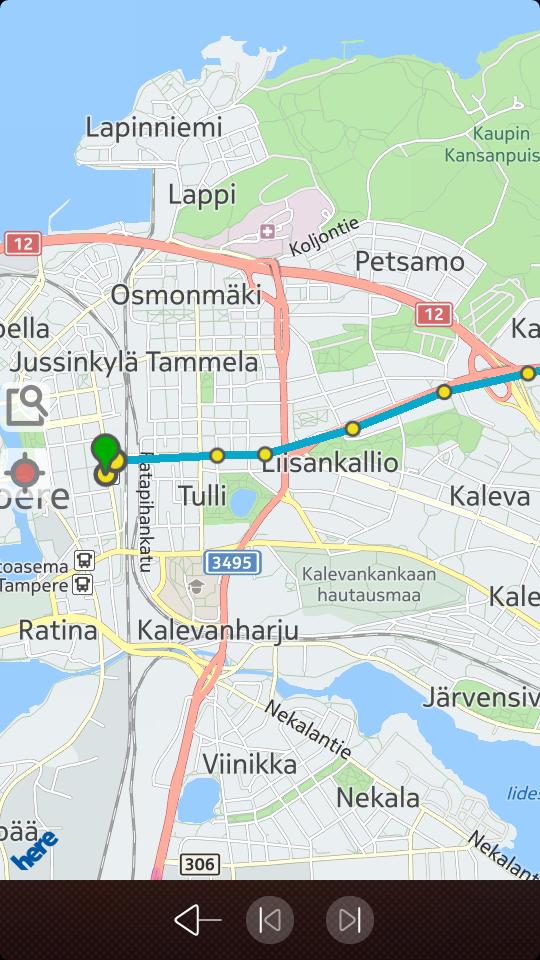 galleryimage:Reitti ja sen varrella olevat pysäkitkartalla