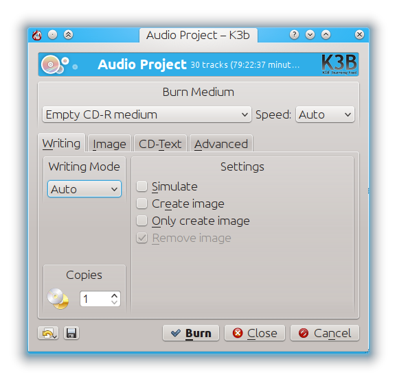galleryimage:Audio-CD:n poltonasetukset.