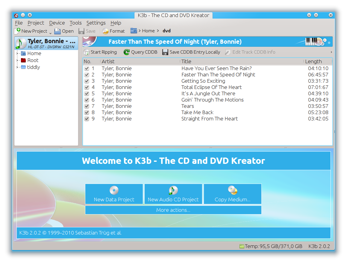 galleryimage:CD-levyn kappaleiden tiedot haettu CDDB:stä javalmiina kappaleiden purkuunkiintolevylle.