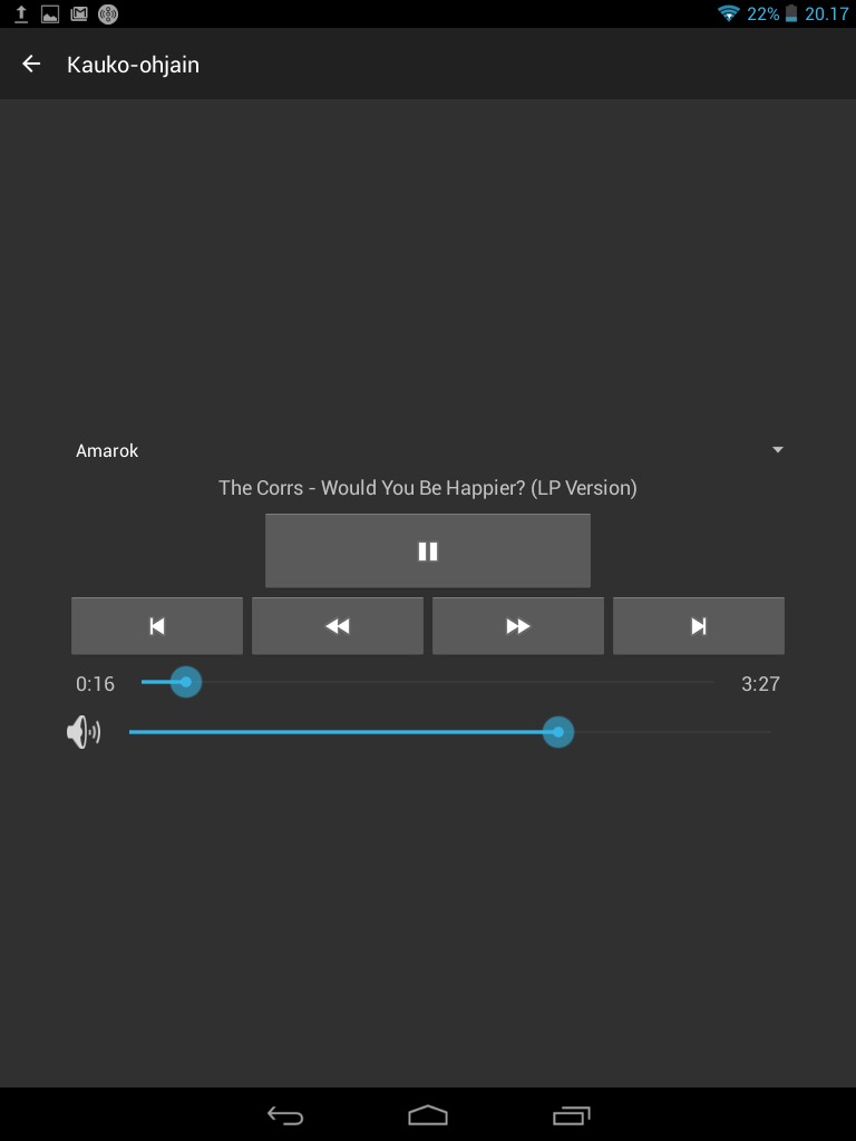 galleryimage:KDE Connect -sovellus Androidissa toimii tietokoneenmediasoitintenkauko-ohjaimena.