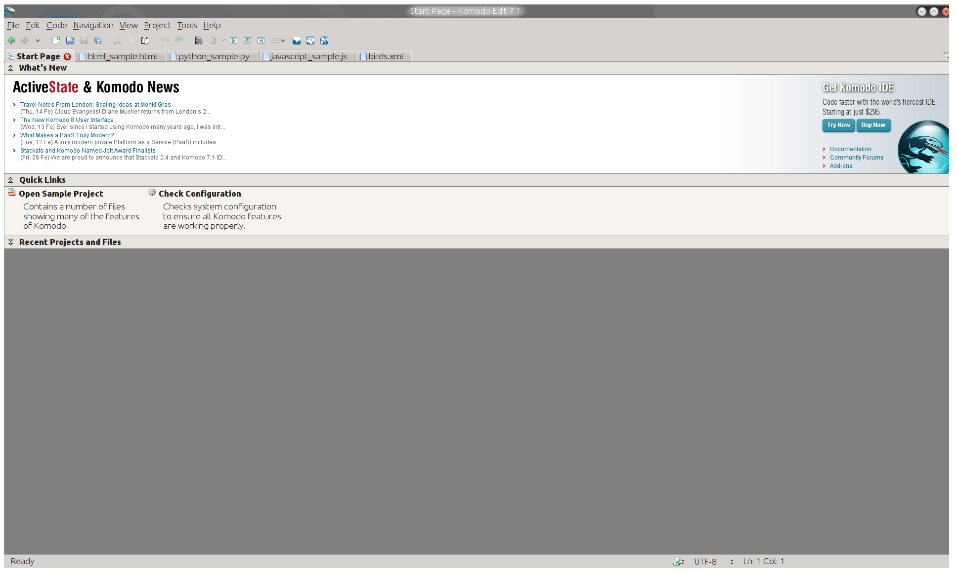 galleryimage:Komodo Editin aloitusnäkymä. Start Page -välilehdelläovat esimerkiksi linkit edellisiin editoituihintiedostoihin.