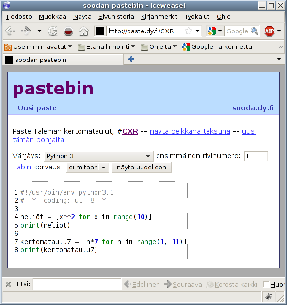 galleryimage:Python syntaksikorostuspastebinissä