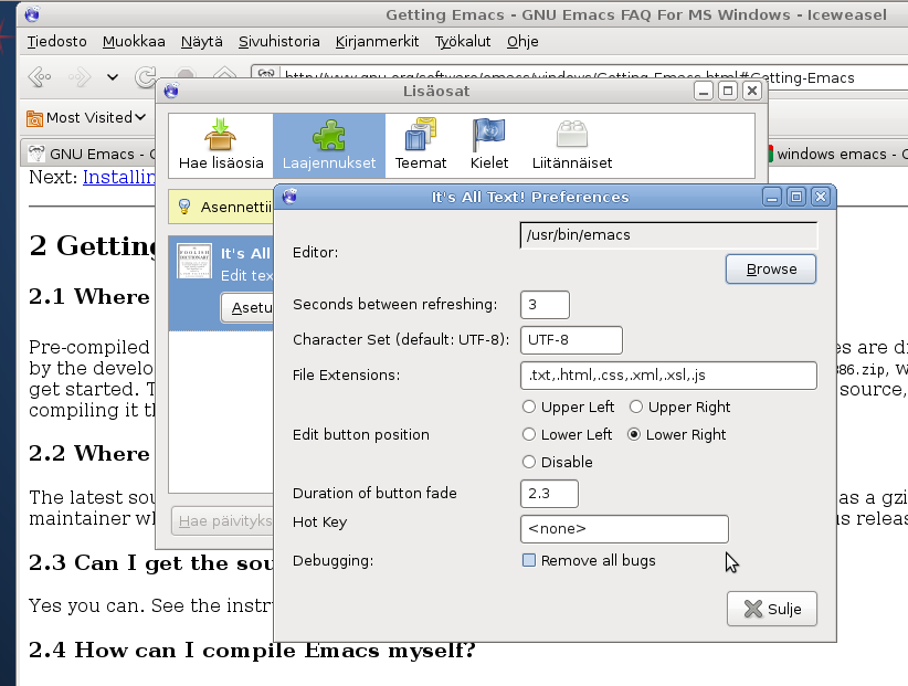 galleryimage:Its All Text Firefox lisäosan asetukset,tekstieditoriksiEmacs