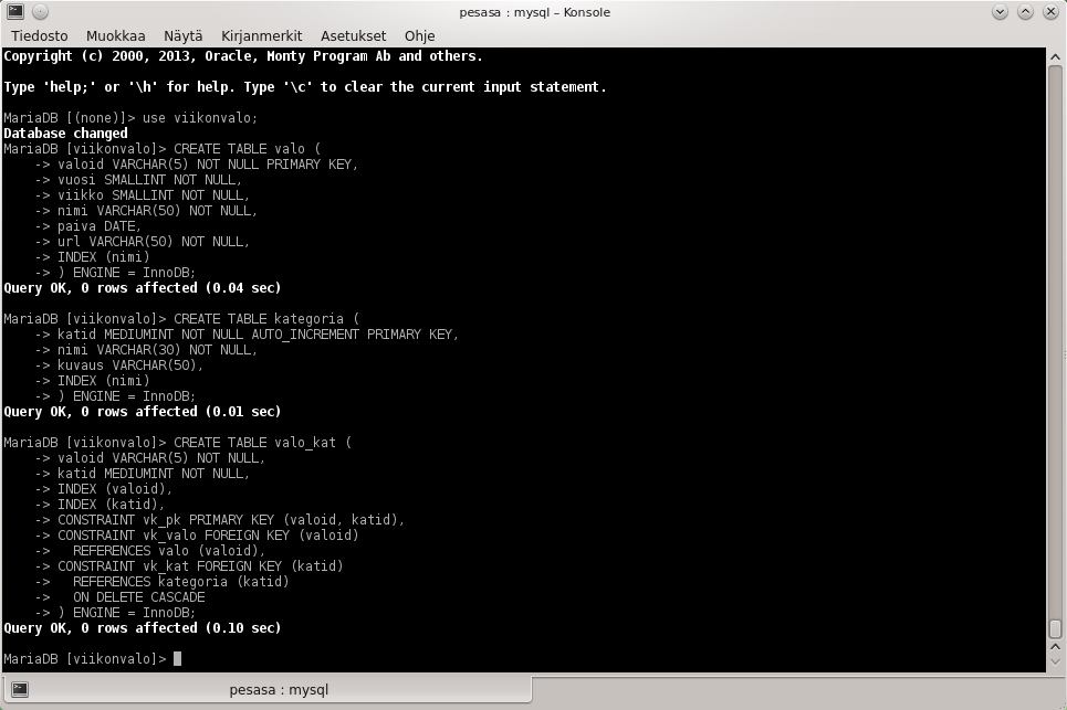 galleryimage:MariaDB:n komentorivikäyttöliittymä: taulujenluontia.