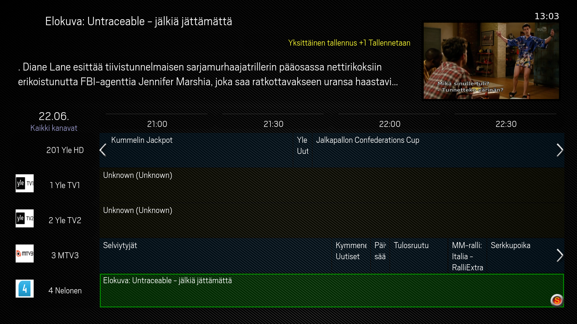 galleryimage:Ohjelmaoppaan nurkassa näytetään suoran lähetyksenkuva ja eri kanavien ohjelmistoa voi selata eteen- ja taaksepäin.Ohjelmien ajastaminen onnistuu tästä näkymästä halutut ohjelmatmerkitsemällä.