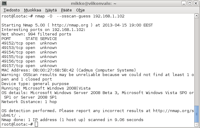 galleryimage:Nmap osaa arvuutella, mikä käyttöjärjestelmäkohdelaitteessa on. Tällä kertaa Nmap ei tiennyt, mikä ohjelma pitäätietyt portitavoinna.