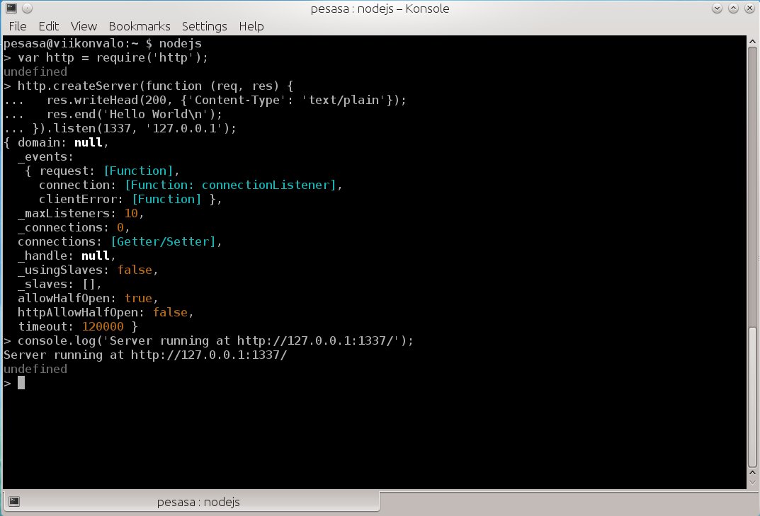galleryimage:Node.js:n käynnistys ja nodejs.org:sivustonetusivulta kopioitu Hello, World -esimerkki liitettynä suoraankomentoriville.