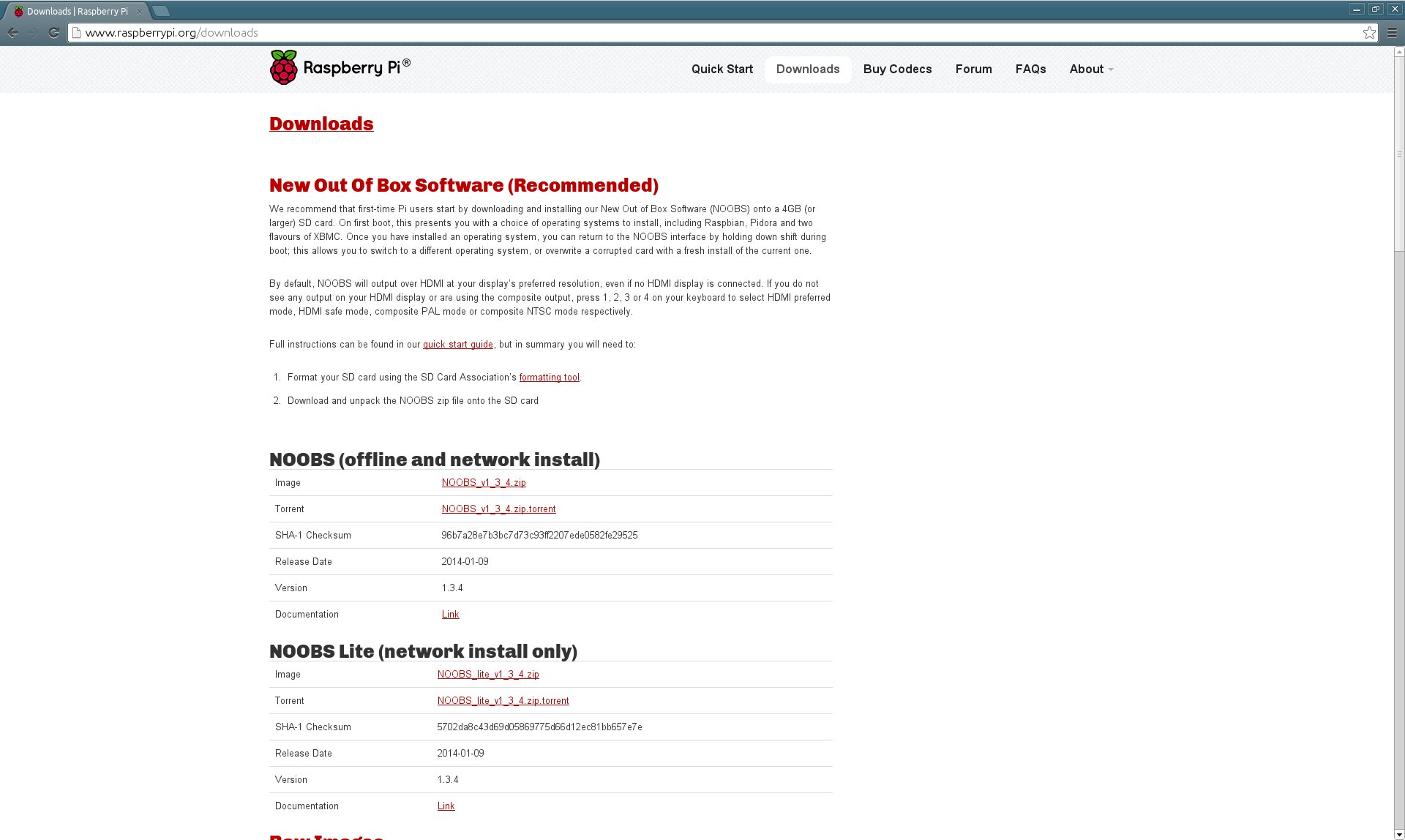galleryimage:NOOBSin latauspaketit Raspberry Pi -projektinlataussivulla.