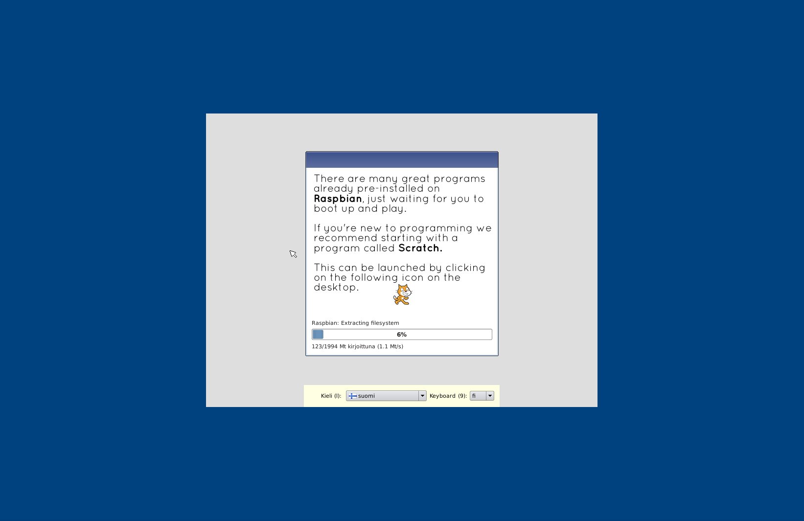 galleryimage:Raspbian-paketista löytyy myös Scratch-ohjelma, jollavoi tutustua helposti ja havainnollisestiohjelmointiin.