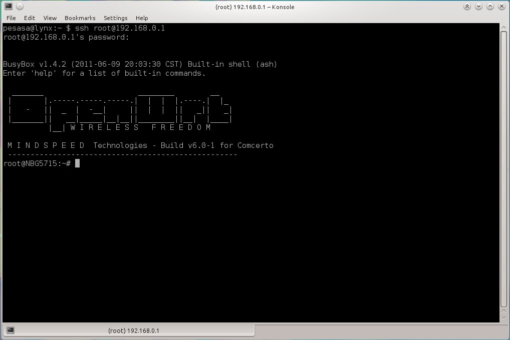 galleryimage:OpenWRT tervehtii  sisään kirjautunuttakäyttäjää Zyxelintukiasemassa.