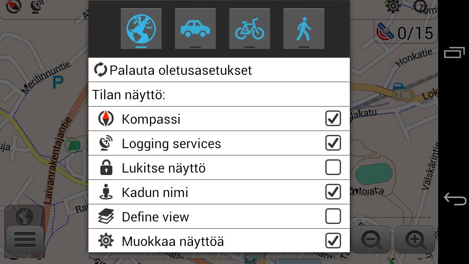 galleryimage:Kartalla näkyvät ominaisuudet. Näkymän ominaisuudetvoi valita neljän eri pikavalinnan mukaan: yleinen karttanäkymä sekäauto-, pyöräily- jakävelytila.