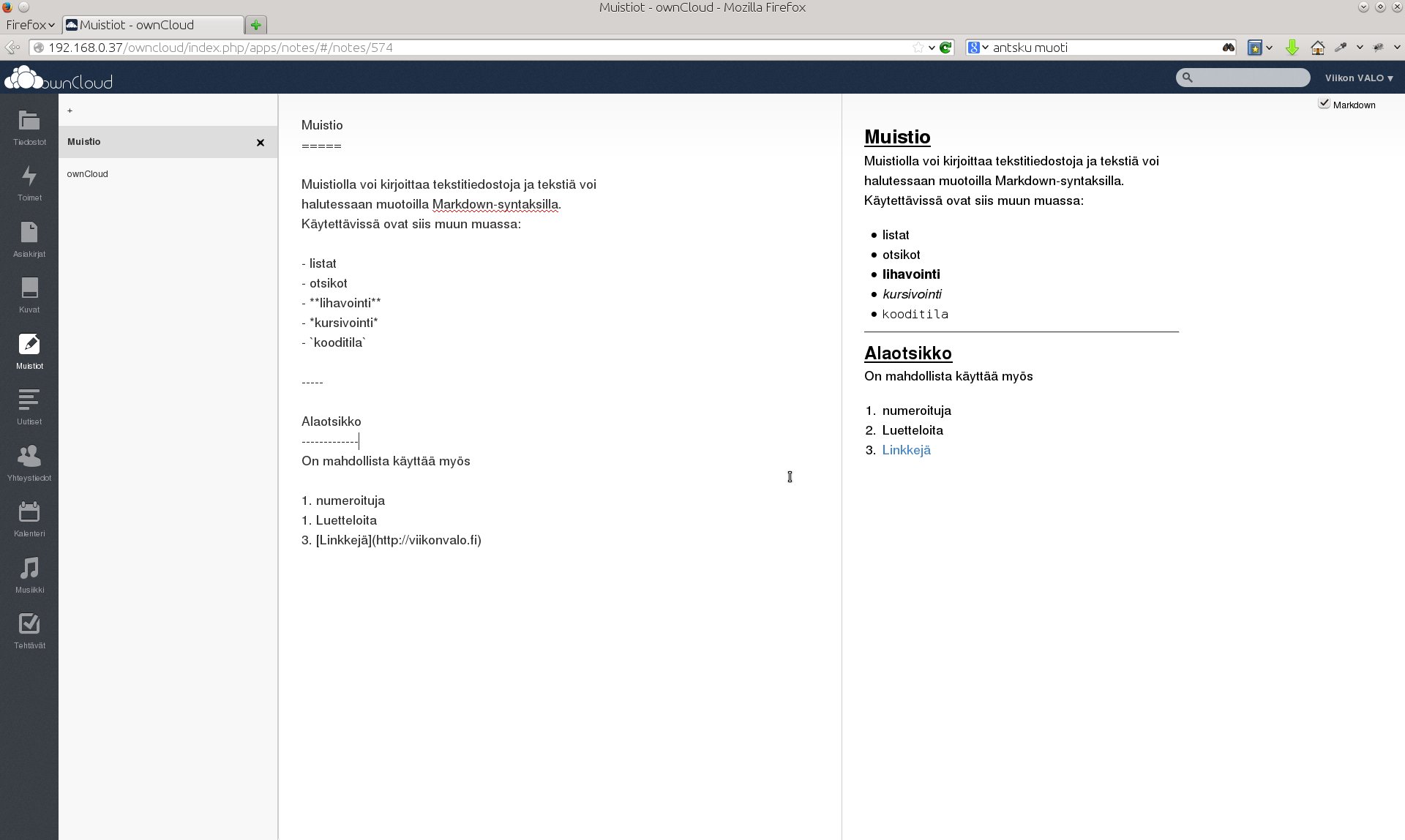 galleryimage:Muistiolla voi kirjoittaa tekstitiedostoja.Halutessaan voi käyttääMarkdown-syntaksia.
