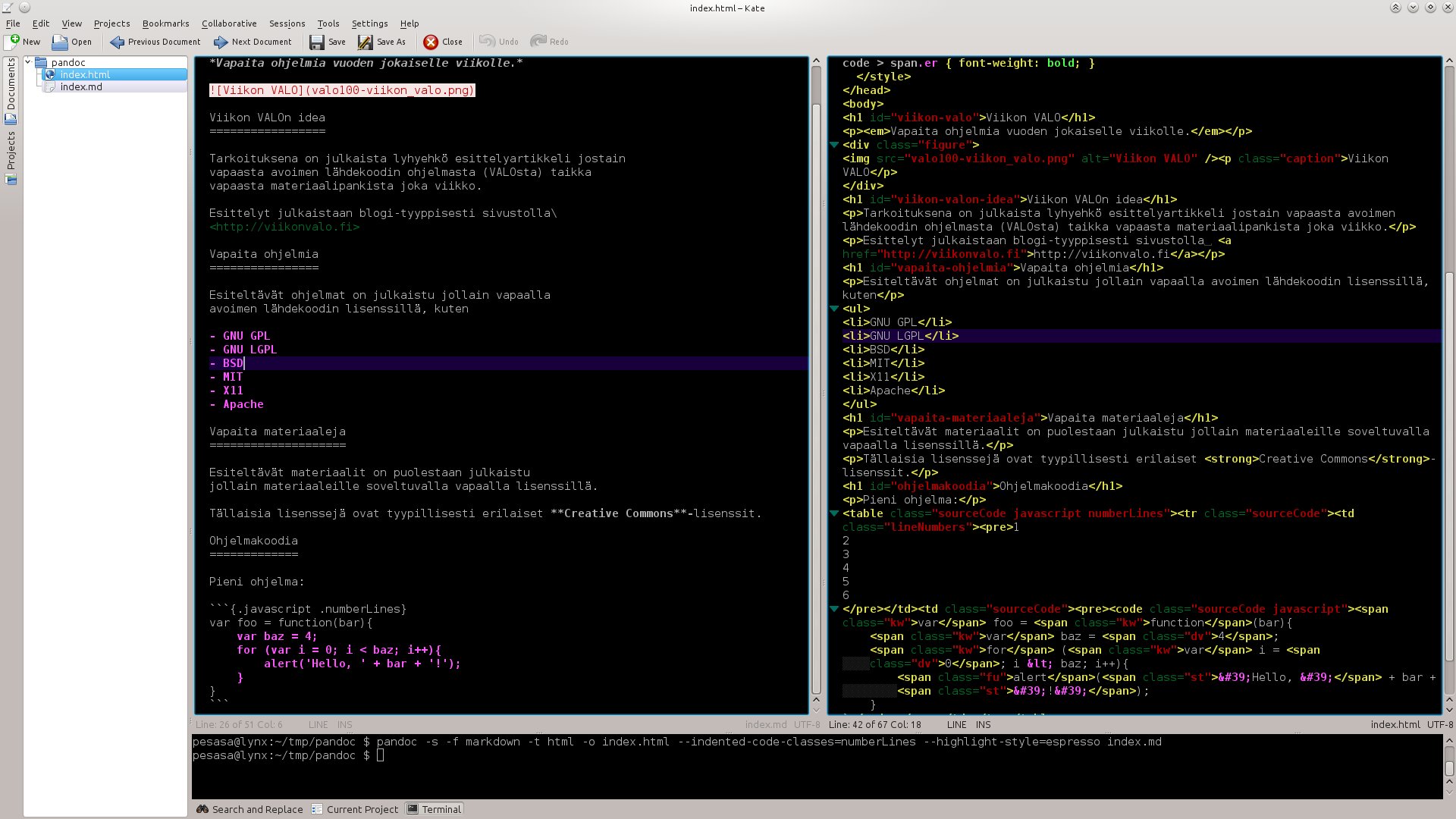 galleryimage:Markdown-tiedosto ja siitä tehtyHTML-tiedosto.