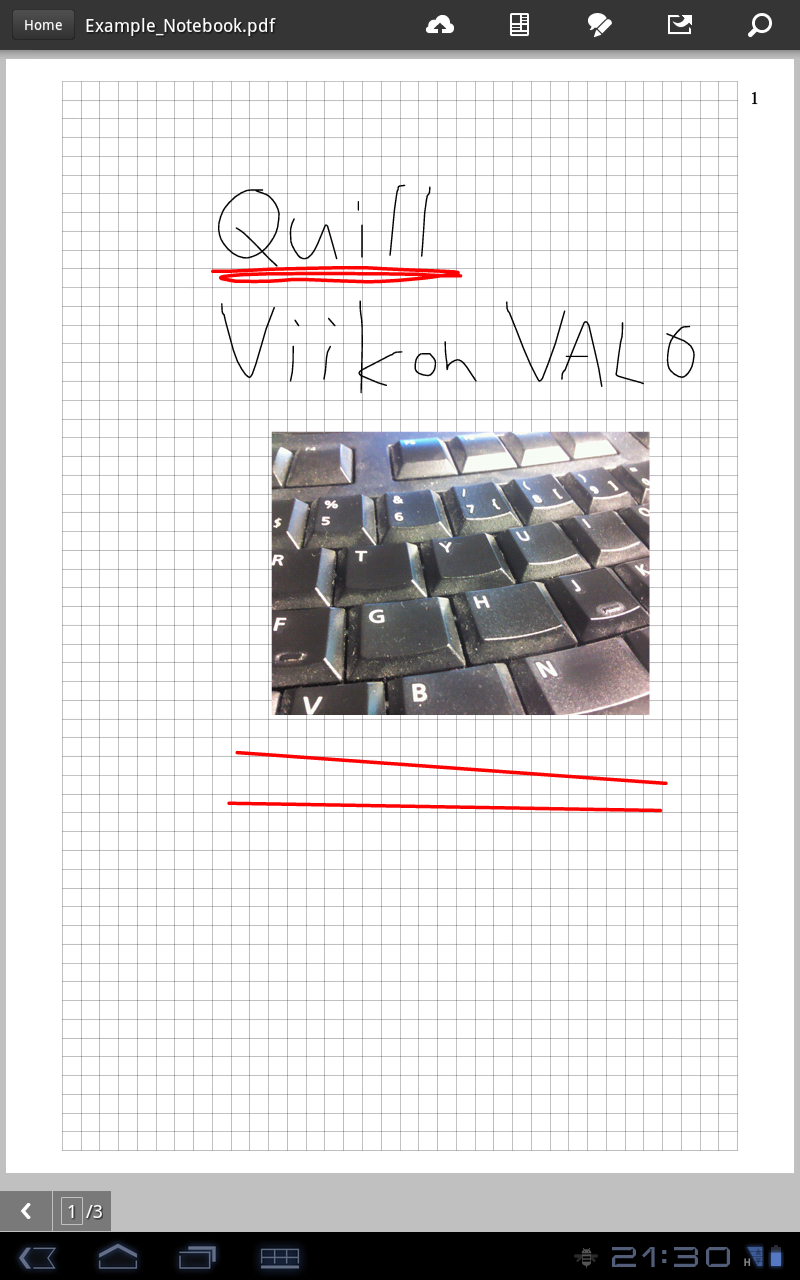 galleryimage:Pdf-tiedostoksi tallennettu kolmesivuinen muistikirjaavattuna Adobenreaderissa.