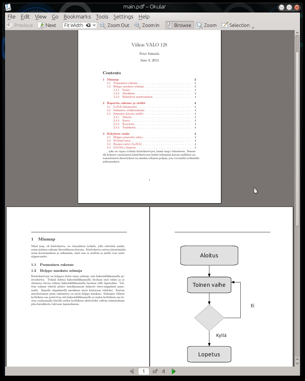 galleryimage:Käsitekartasta generoitu LaTeX-dokumentti, jossasolmuille syötetyt datasisällöt ovat kappaleidensisältöinä.
