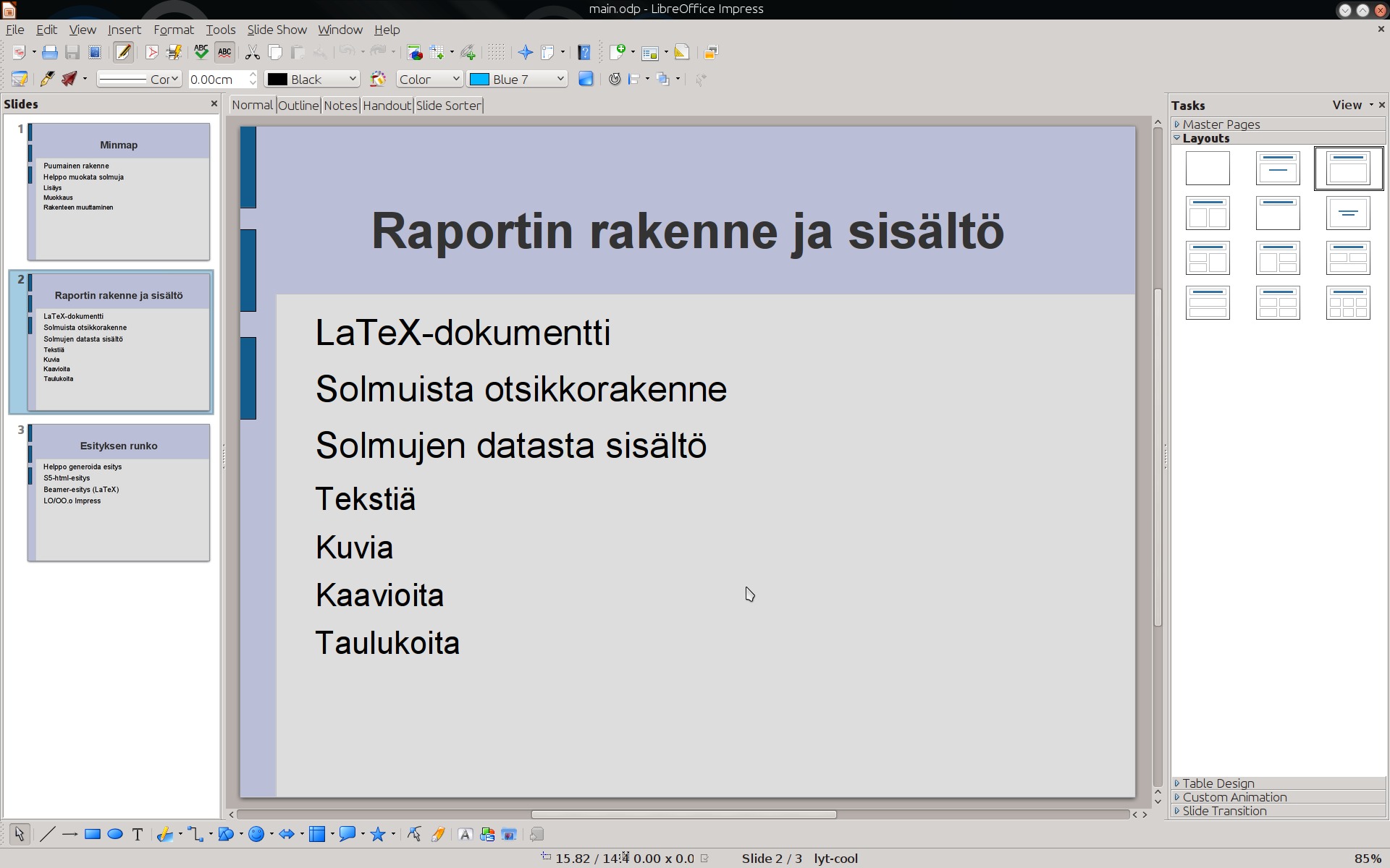 galleryimage:Automaattisesti luotu OpenDocument-esitys on varsinyksinkertainen runko ja vaatii todennäköisesti jatkomuokkausta ennenesittämistä.