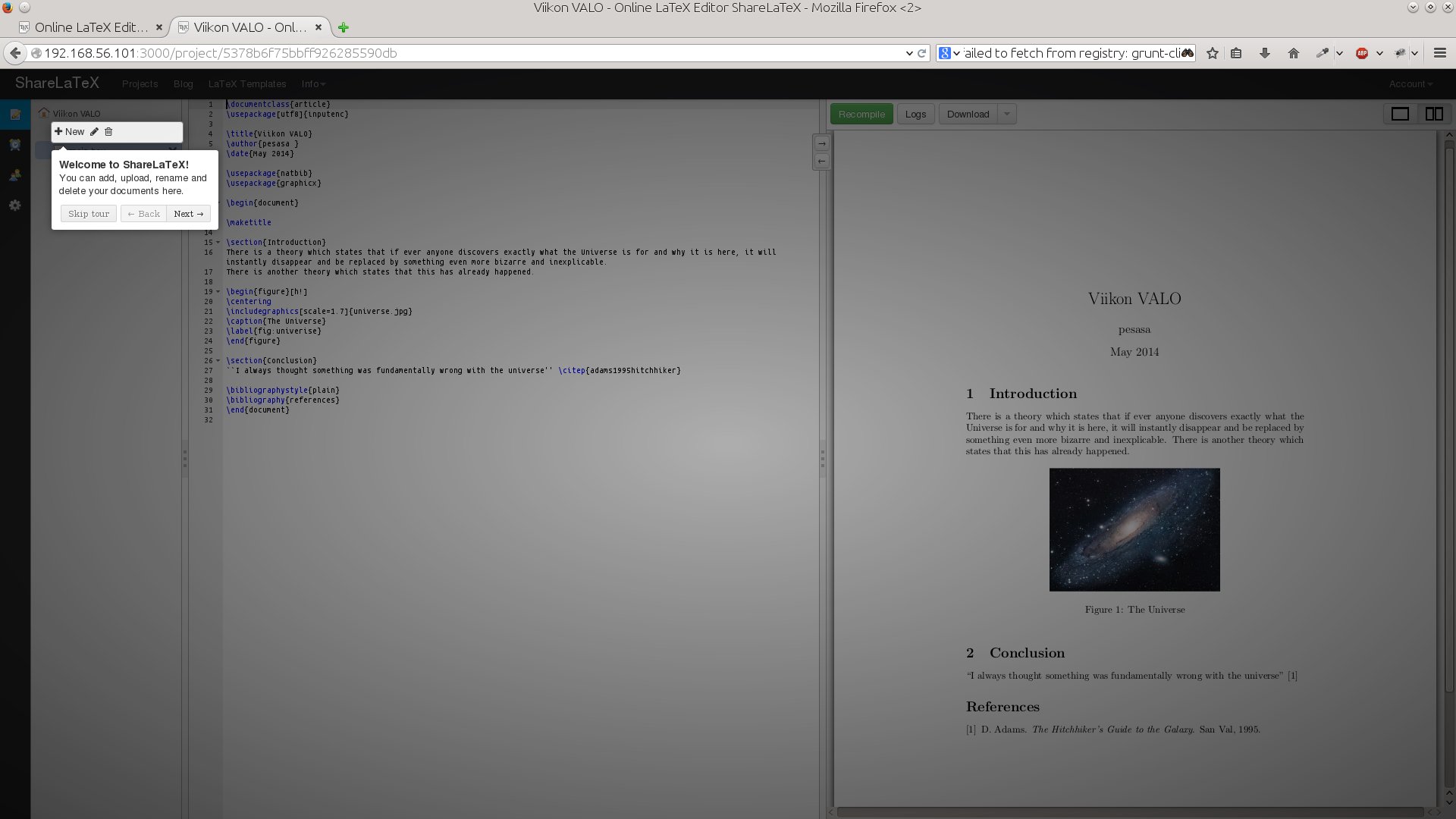 galleryimage:ShareLaTeX opastaa käyttöliittymän käyttöäensimmäisen projektin avaamisenyhteydessä.