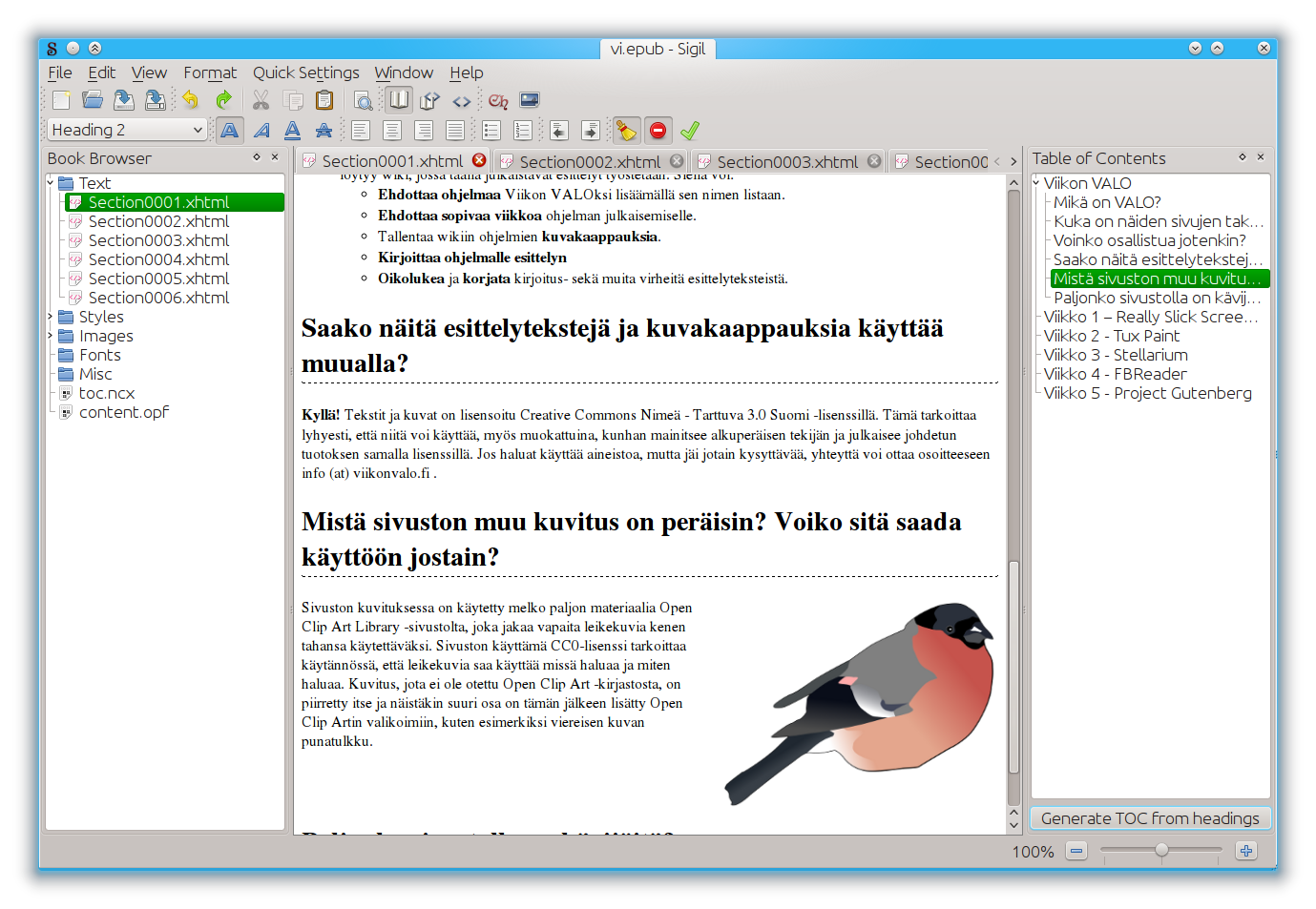 galleryimage:Kirjan sivulle lisätty kuva ja otsikkorakenteestageneroitusisällysluettelo