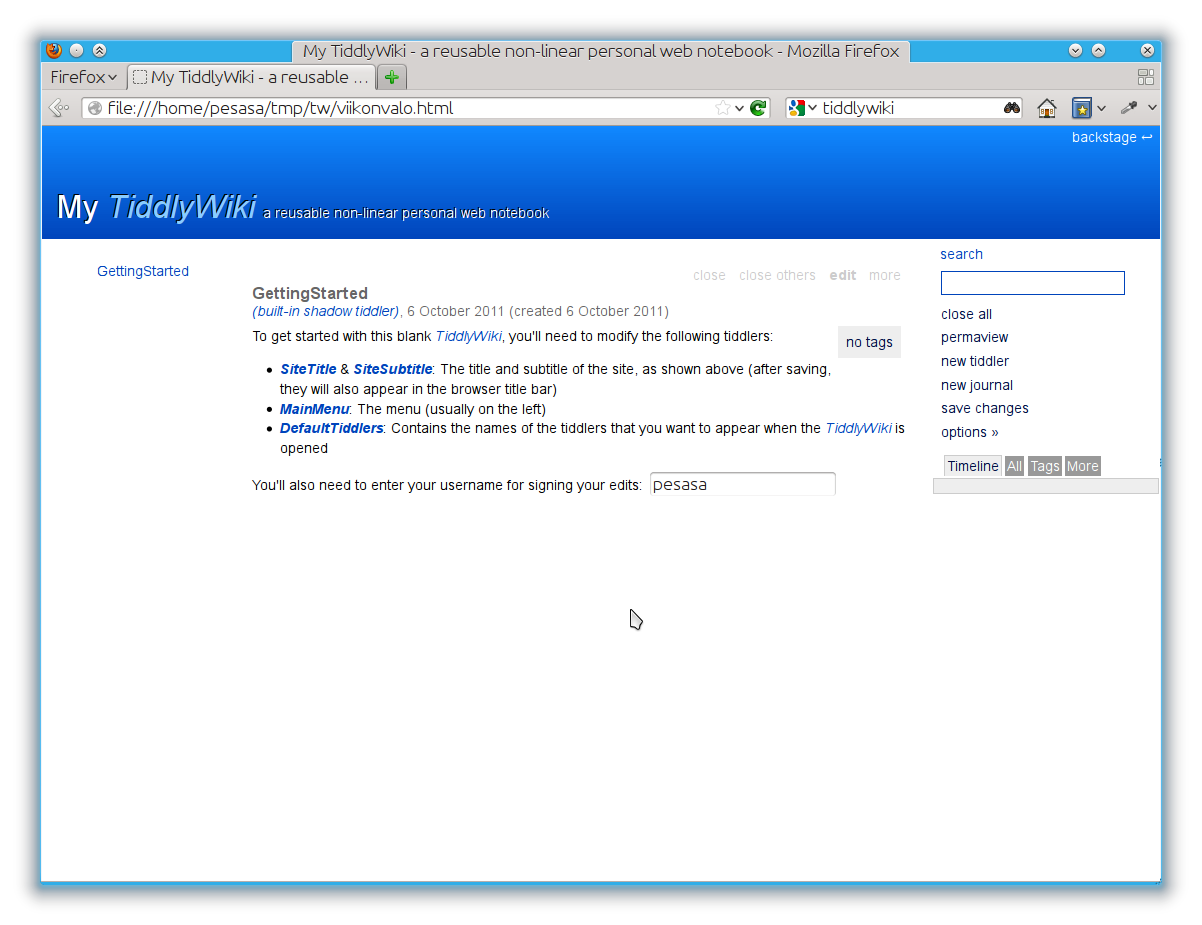galleryimage:Tyhjä, vasta aloitettuTiddlyWiki.