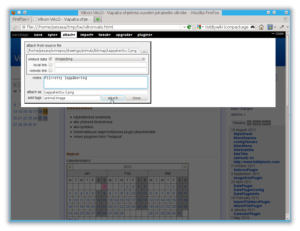 galleryimage:AttachFilePlugin-lisäosa mahdollistaa esimerkiksikuvien upottamisen wikiin. Upottamisen sijaan kuvat voi sisällyttäämyös ulkoisinalinkkeinä.