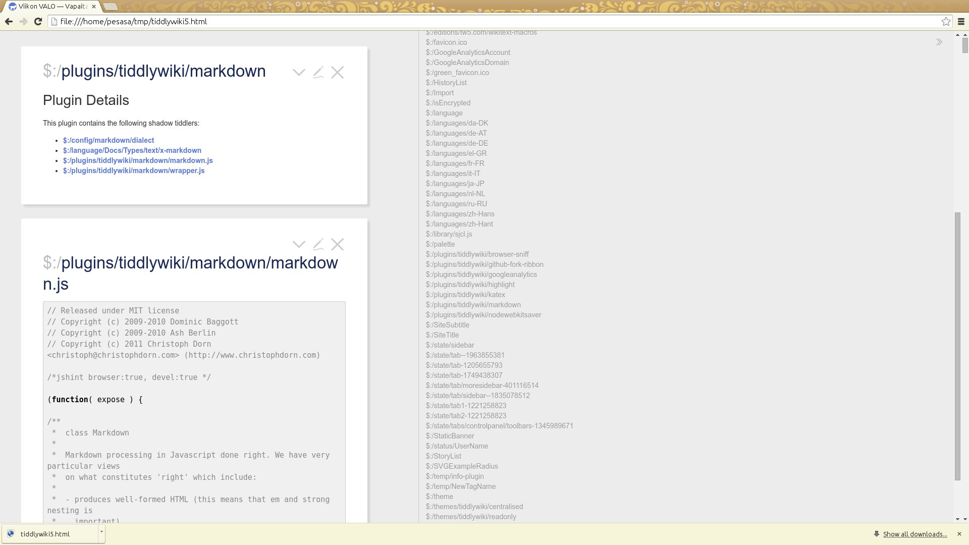 galleryimage:Lisäosat tallennetaan TiddlyWikiin tiddlereinä, kutenkaikki muukinsisältö.