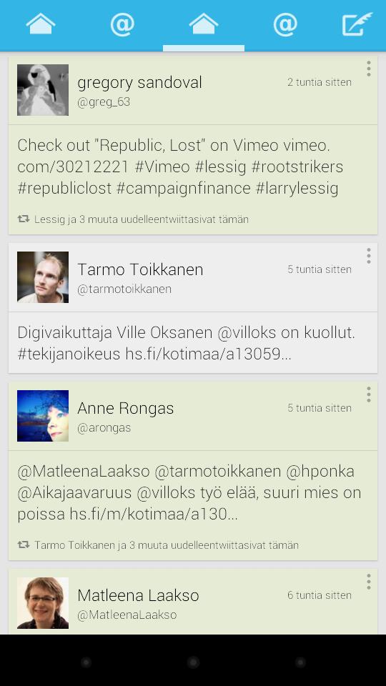 galleryimage:Perusnäkymään voi kiinnittää välilehdiksi käyttäjänvalitsematviestivirrat.