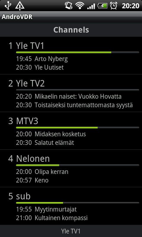 galleryimage:AndroVDR-kaukosäädinohjelma Android-puhelimessa.Tällä hetkellä meneillään olevatohjelmat.