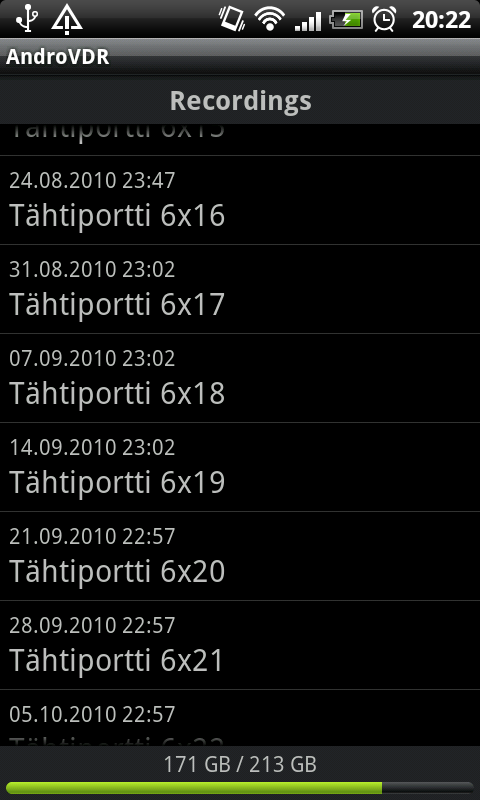 galleryimage:AndroVDR-kaukosäädinohjelma Android-puhelimessa.Luetteloatallennuksista.